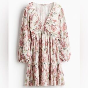 H&M Plissé Pink Watercolor Floral Long Sleeve V-Neck Dress Sz Medium